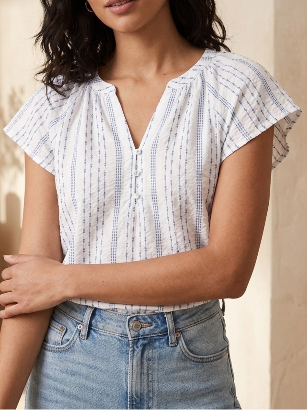 Time and Tru White Short-Sleeve Peasant Top with Blue Stripes
